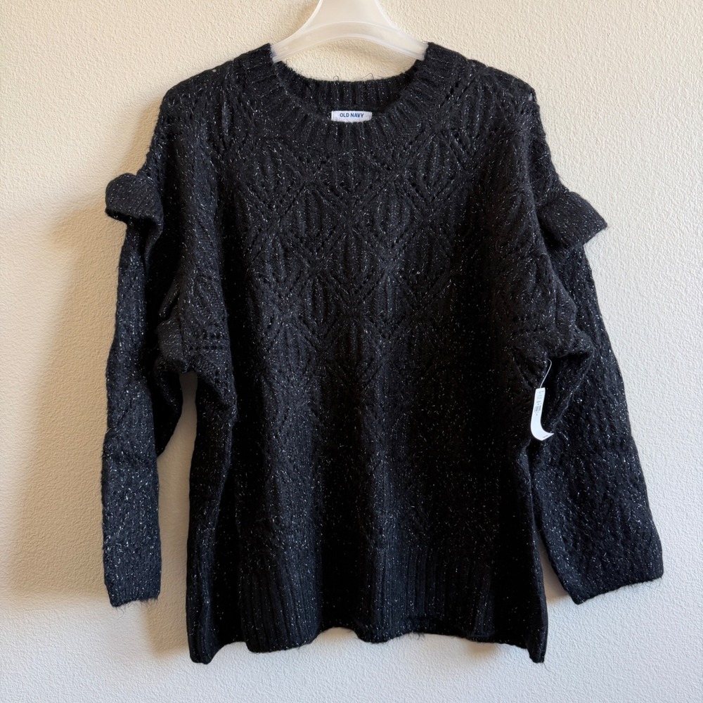 NWT Old Navy 3X Black Pointelle Ruffle Shoulder Metallic Sweater 763539-00-1